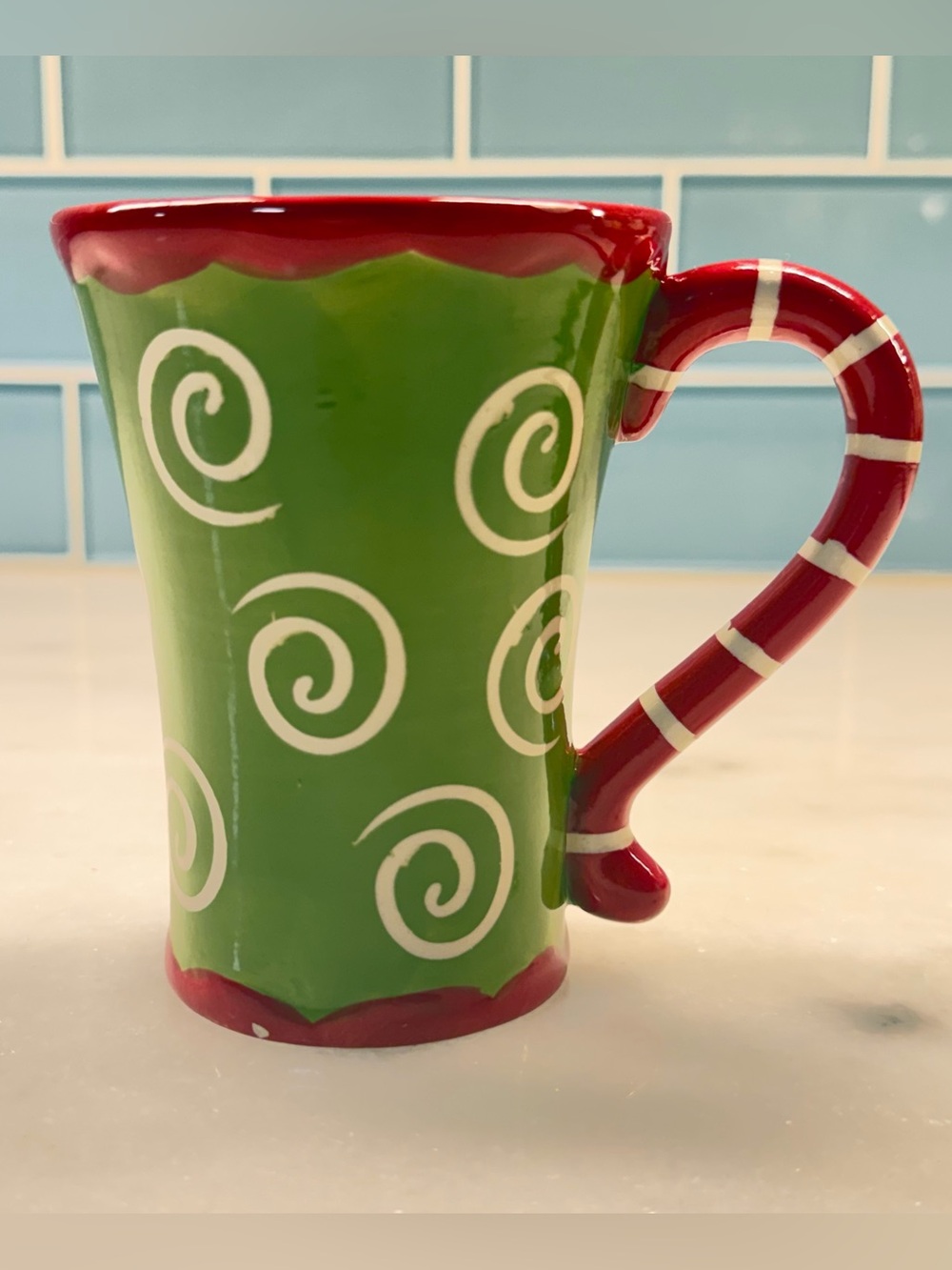 California Pantry Christmas Mug Candy Cane Handle Green Red Swirl Ceramic